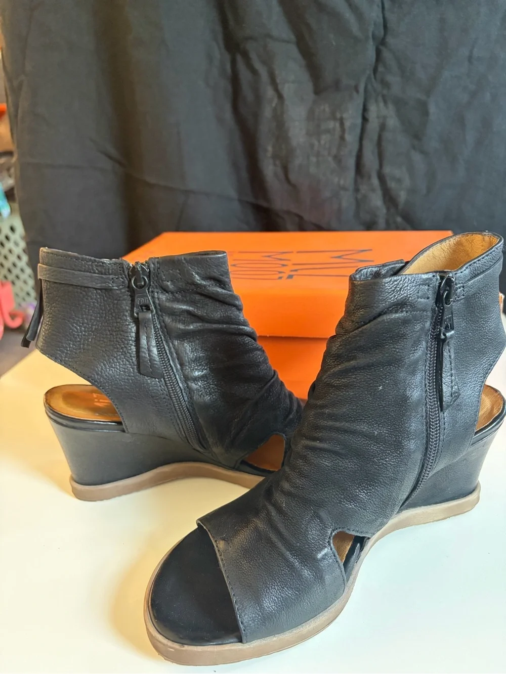 Miz Mooz Becca size 38 (8 ish women )Wedge Peep-Toe Ankle Boots in Black